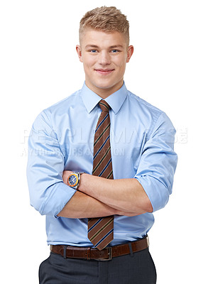 Buy stock photo Young, businessman and portrait with arms crossed or happy in studio for startup, career and confidence. Entrepreneur, person or smile and pride or positive mindset for internship on white background