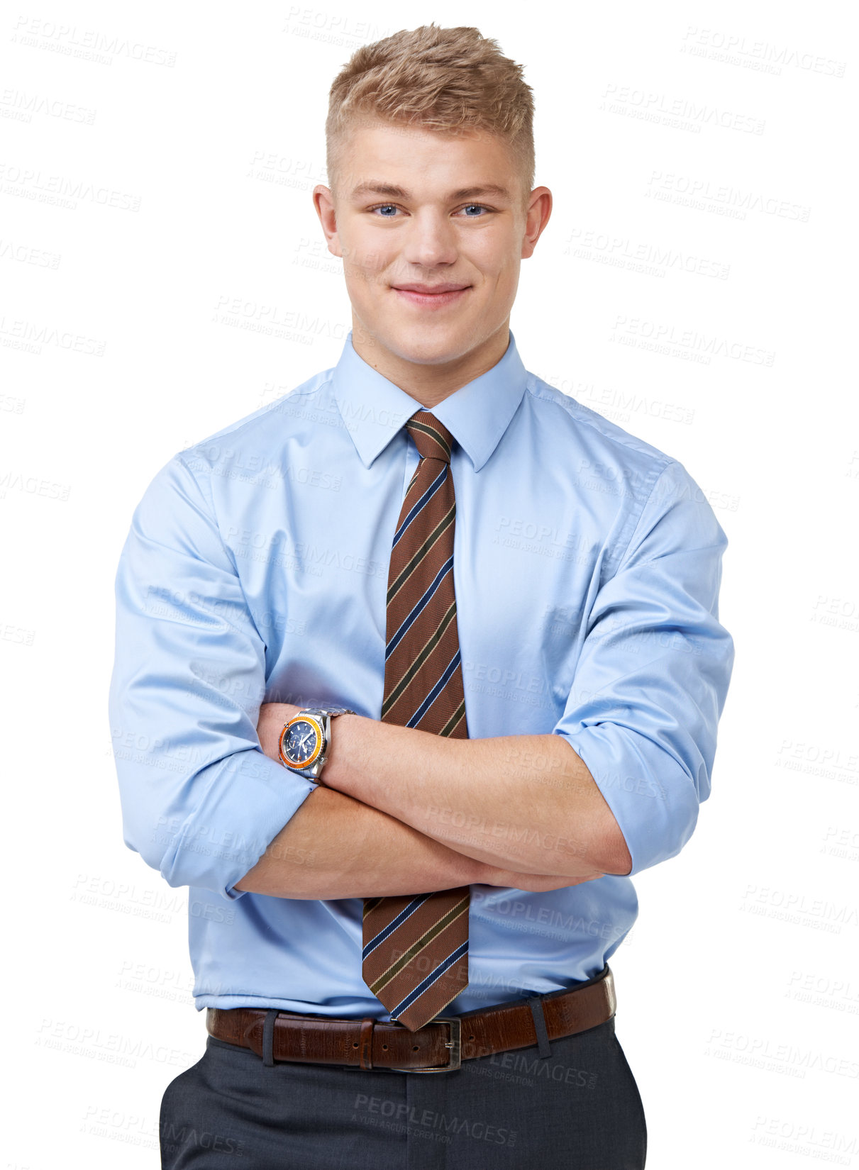 Buy stock photo Young, businessman and portrait with arms crossed or happy in studio for startup, career and confidence. Entrepreneur, person or smile and pride or positive mindset for internship on white background