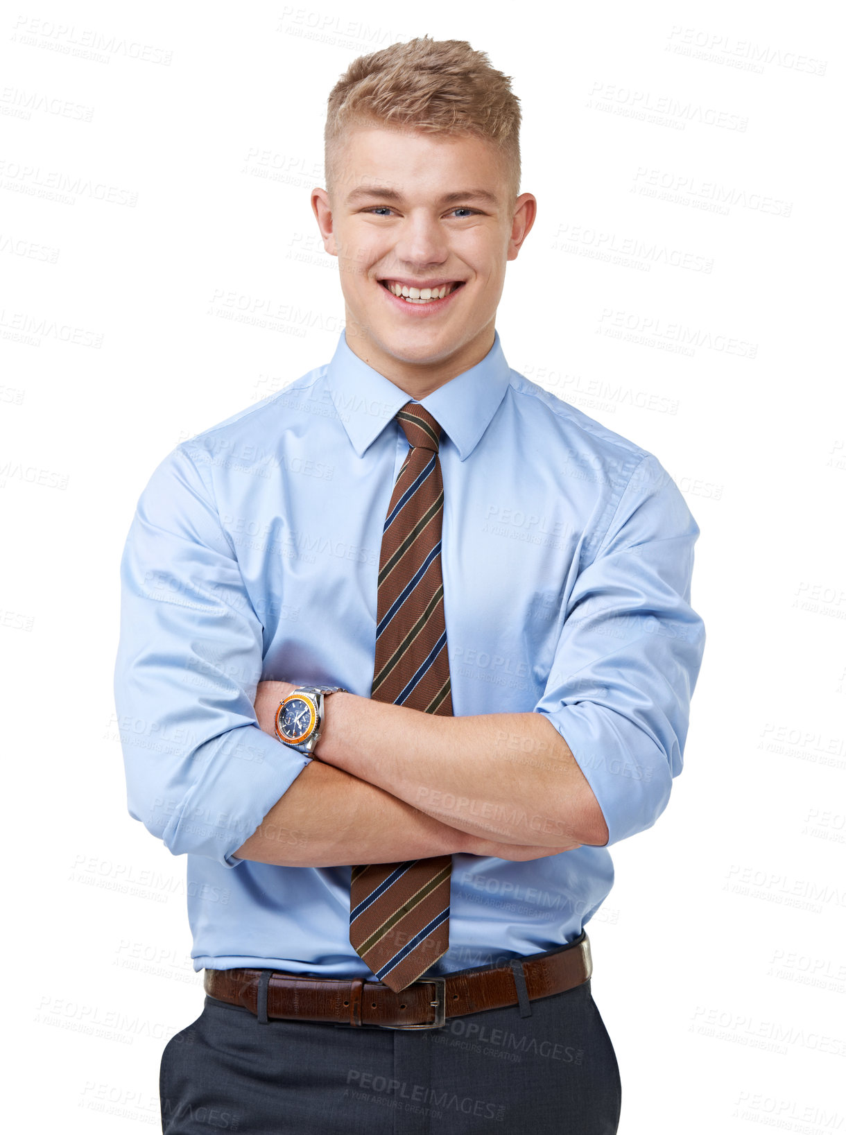 Buy stock photo An ambitious young businessman crossing his arms on a white background