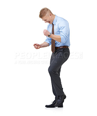 Buy stock photo Winner, excited and happy with business man in studio for success, news and achievement. Celebration, deal and victory with corporate employee on white background for promotion and professional