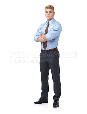 Buy stock photo Man, arms crossed and serious for portrait, consultant and proud on white background. Confident, young and mockup space for career, financial clerk and businessman for startup, job and corporate