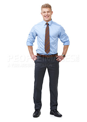 Buy stock photo Businessman, consultant and smile for portrait, employee and professional on white background. Confident, young and proud for career, financial clerk and man for startup, mockup space and corporate

