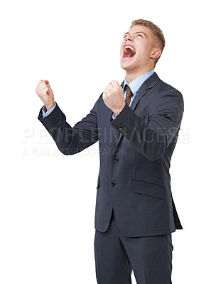 Buy stock photo Scream, frustrated and anger with business man in studio for news, danger and mistake. Failure, stress and problem with corporate male employee shouting on white background for fear and attention 