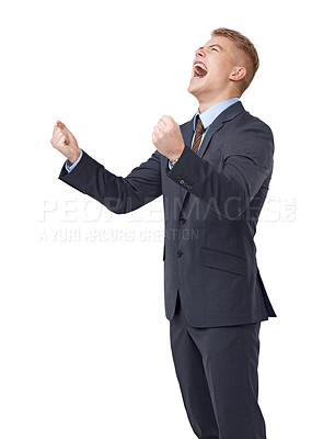 Buy stock photo A young businessman screaming at the sky on a white background