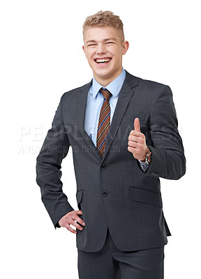 Buy stock photo Thumbs up, portrait and business man laugh in studio for success, winning deal and yes sign on white background. Support, like emoji and excited for achievement, excellence and feedback for agreement