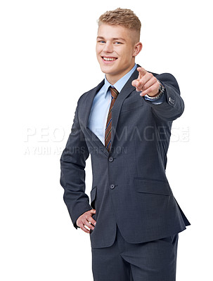 Buy stock photo Portrait, business or happy man pointing to you in studio for choice, recruitment decision or corporate offer on white background. Vote, hiring emoji and HR promotion, winner or invitation to join us