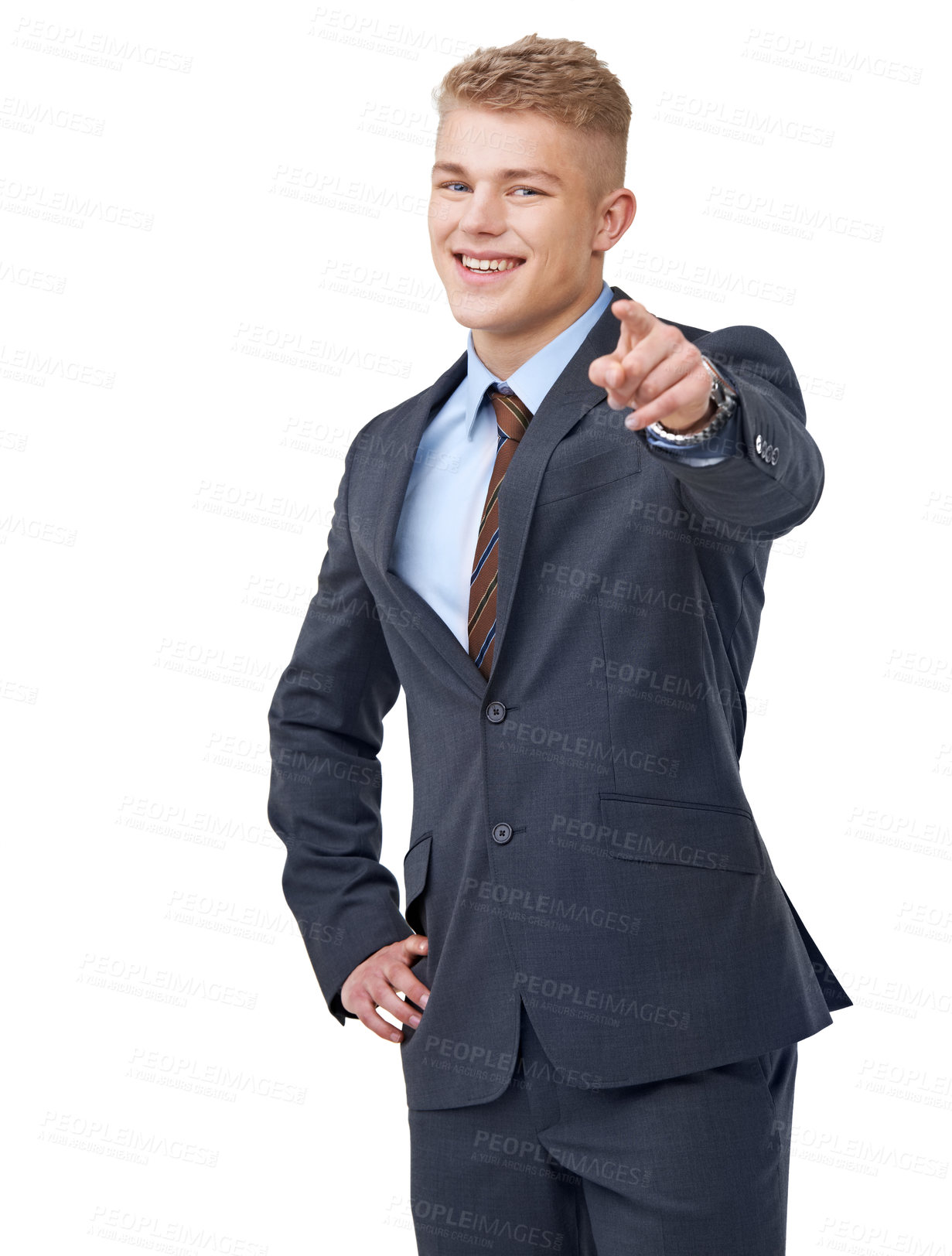 Buy stock photo Portrait, business or happy man pointing to you in studio for choice, recruitment decision or corporate offer on white background. Vote, hiring emoji and HR promotion, winner or invitation to join us
