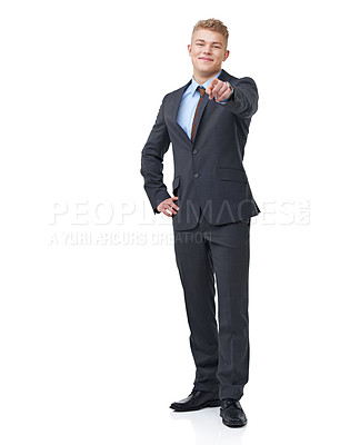 Buy stock photo A young businessman pointing at you while isolated on a white background