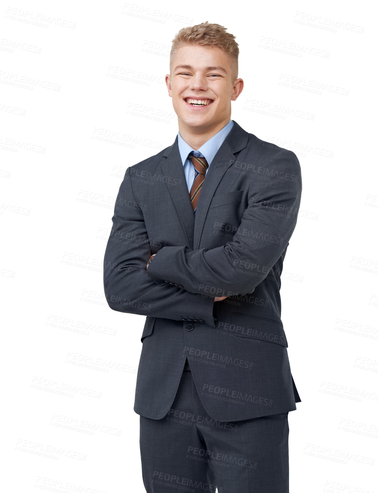 Buy stock photo Young, businessman and portrait with arms crossed or happy in studio for startup, career and confidence. Entrepreneur, person or smile and pride or positive mindset for internship on white background