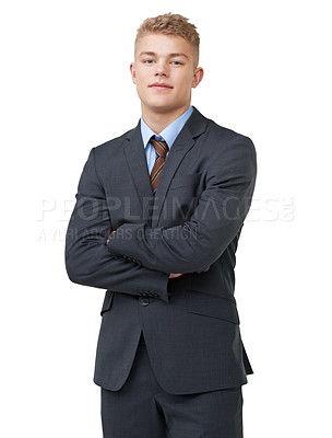 Buy stock photo Young, businessman and portrait with arms crossed or smile in studio for startup, career and confidence. Entrepreneur, person or happy and pride or positive mindset for internship on white background