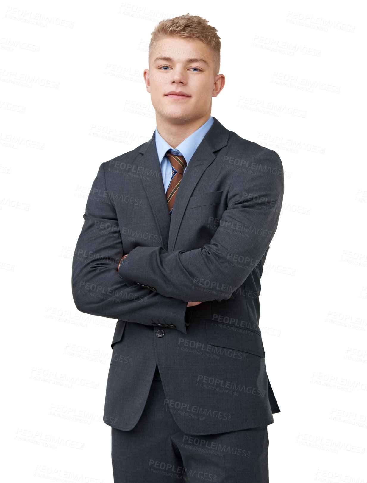 Buy stock photo Young, businessman and portrait with arms crossed or smile in studio for startup, career and confidence. Entrepreneur, person or happy and pride or positive mindset for internship on white background