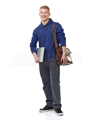 Buy stock photo Briefcase, laptop and portrait of man in studio with elegant, stylish and fancy outfit. Fashion, computer and happy young male model with cool and modern student style isolated by white background.