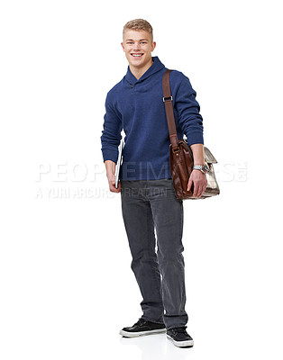 Buy stock photo Smile, briefcase and portrait of businessman in a studio with elegant, stylish and fancy outfit for fashion. Bag, confidence and happy young male model with cool style isolated by white background.