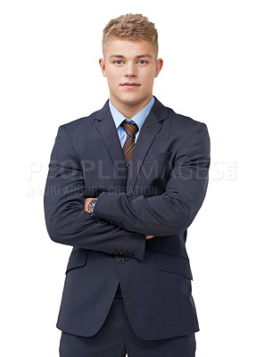 Buy stock photo Young, businessman and portrait with arms crossed or serious in studio for startup, career and confidence. Entrepreneur, person and pride or positive mindset for internship work on white background