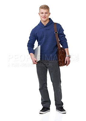 Buy stock photo Full length portrait of a handsome young student standing with his satchel and laptop