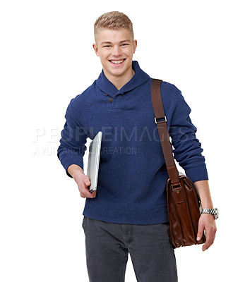 Buy stock photo Happy, textbooks and portrait of student in studio with briefcase and positive attitude for studying. Smile, education and young male person with university or college information by white background
