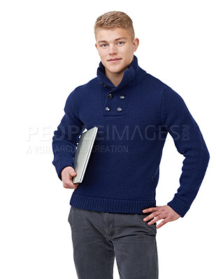 Buy stock photo Smile, laptop and portrait of man in a studio with positive, good and confident attitude for studying. Happy, technology and young male university student with computer isolated by white background.