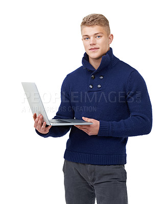Buy stock photo Smile, laptop and portrait of man in studio with elegant, stylish and modern outfit with confidence. Fashion, technology and young male model with cool style and computer isolated by white background