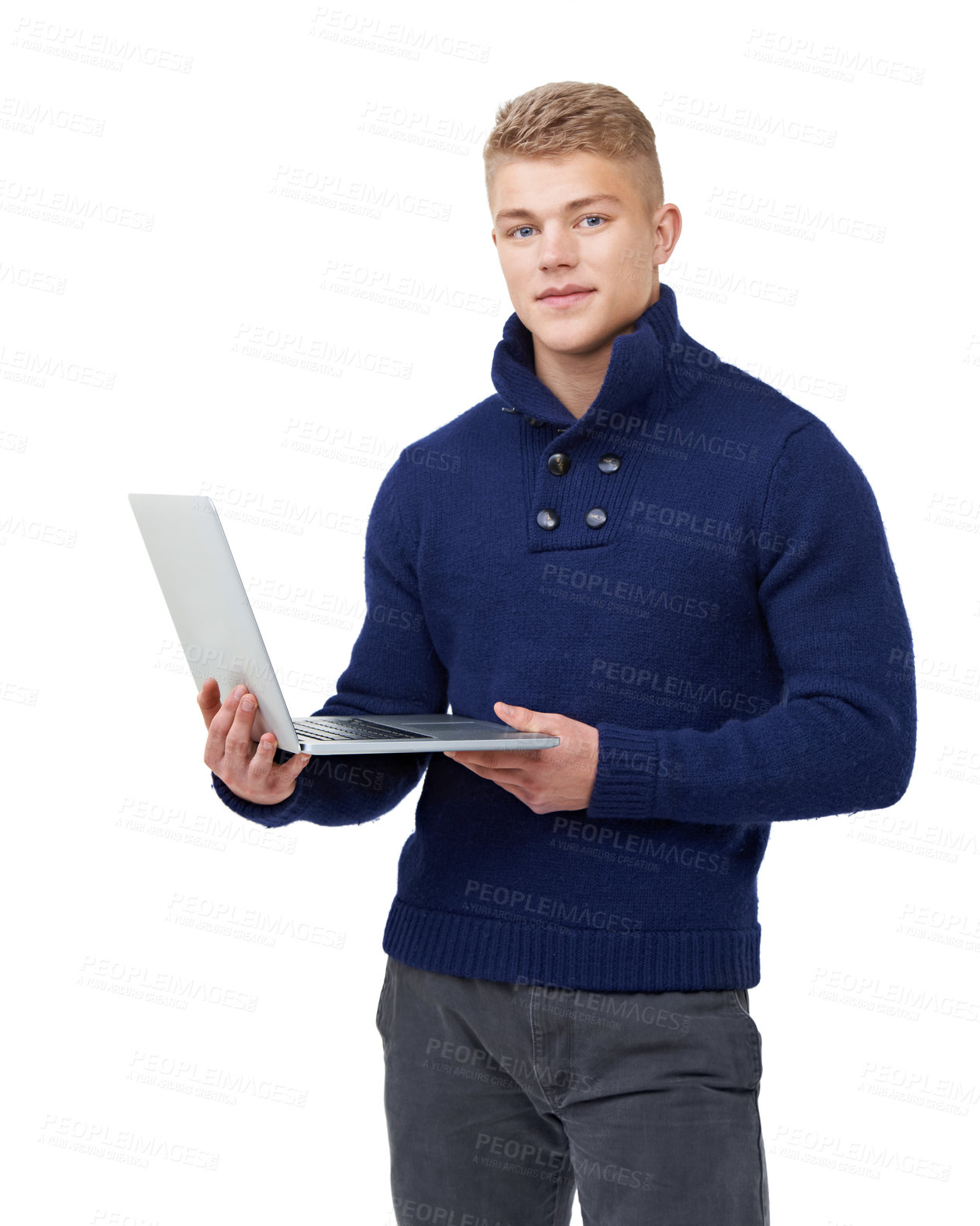 Buy stock photo Smile, laptop and portrait of man in studio with elegant, stylish and modern outfit with confidence. Fashion, technology and young male model with cool style and computer isolated by white background