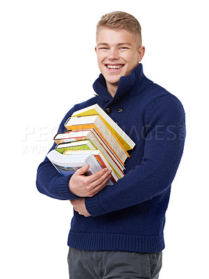 Buy stock photo Happy, books and portrait of man in a studio with positive, good and confident attitude for studying. Smile, pride and young university student with college information isolated by white background.