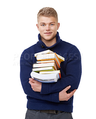 Buy stock photo Portrait of a young university student holding his study books