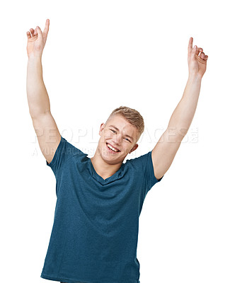 Buy stock photo Portrait, smile and man with hand pointing up to studio for announcement, deal or giveaway on white background. Face, happy and male model show presentation, space or promotion, information or offer