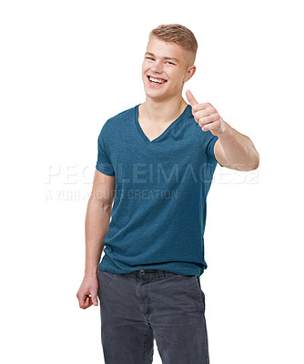 Buy stock photo Hands, portrait and happy man with thumbs up in studio for feedback, vote or agreement on white background. Face, smile and male model with emoji for review, support or thank you, success or gesture