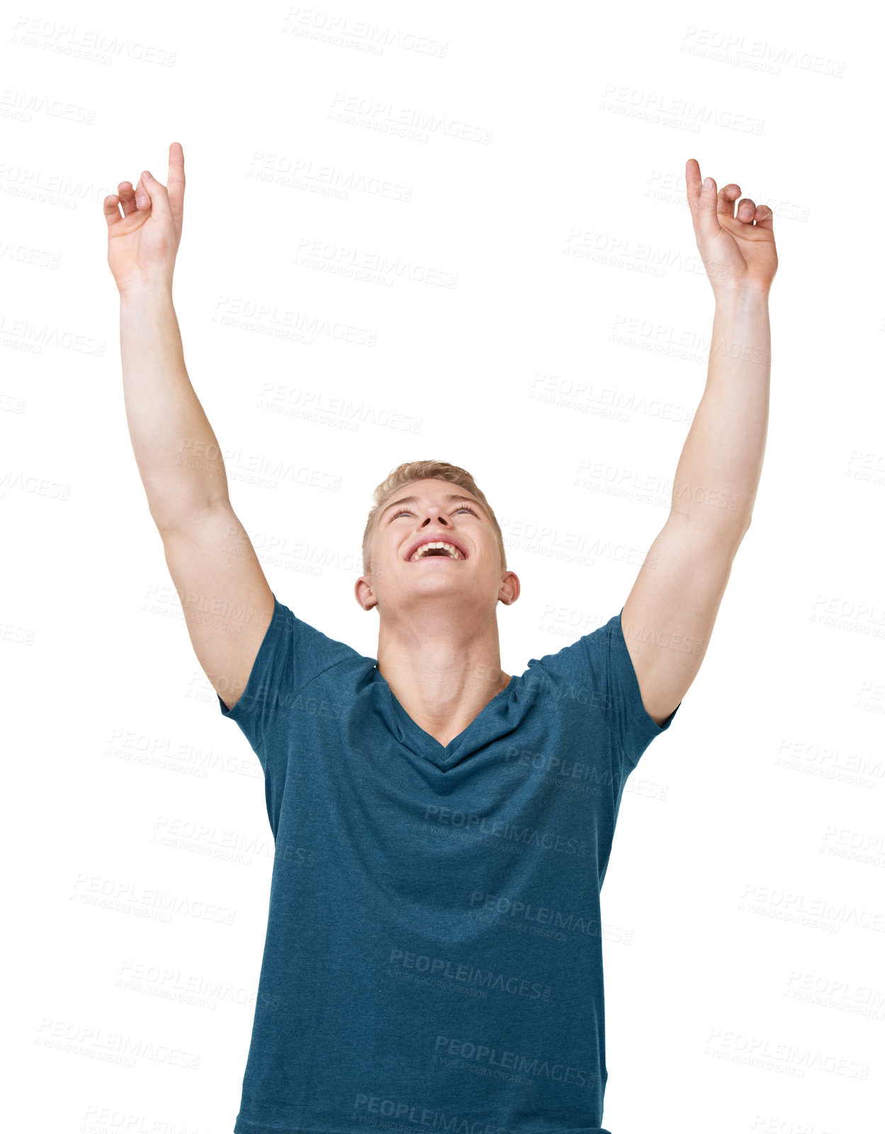 Buy stock photo Studio, announcement and happy man with hand pointing up to news, deal or fashion promo on white background. Smile, excited or male model show space for info, giveaway or feedback, review or offer