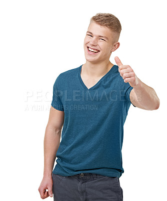 Buy stock photo Portrait, hands and happy man with thumbs up in studio for feedback, vote or agreement on white background. Face, smile and male model with emoji for review, support or thank you, success or gesture