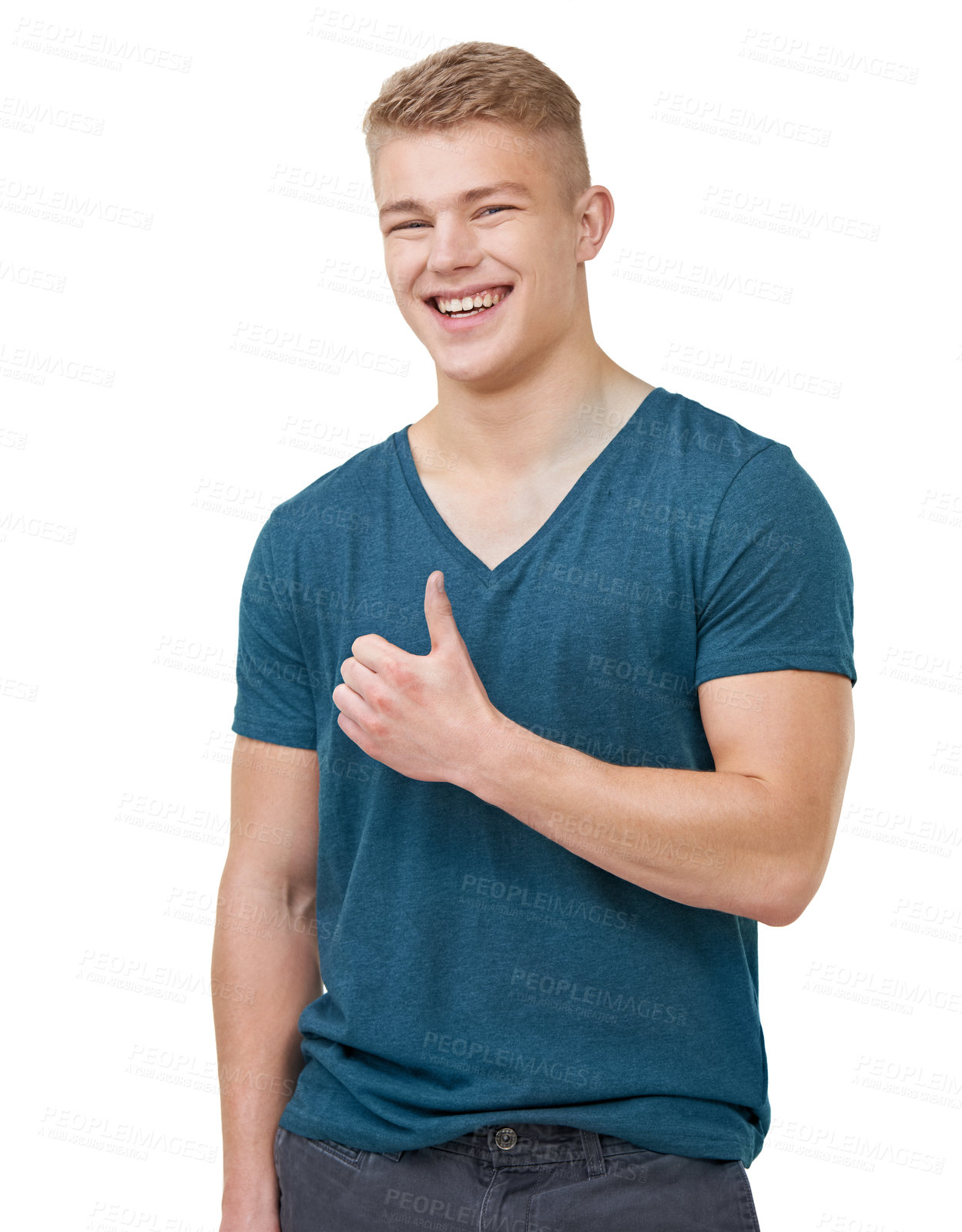 Buy stock photo Portrait, happy and man with thumbs up in studio for feedback, vote or agreement on white background. Face, smile and male model with hand emoji for review, support or thank you, success or gesture