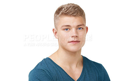 Buy stock photo Man, fashion and serious with denim jeans, happy and isolated on white studio background. Portrait, confidence and adolescent with cool clothes, youth and headshot with face, boy and casual
