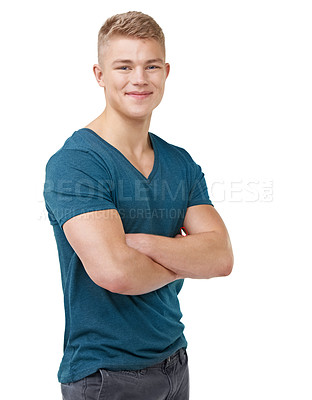 Buy stock photo Man, fashion and arms crossed with denim jeans, happy and isolated on white studio background. Portrait, confident and adolescent for cool clothes, youth and smile with face, boy and casual
