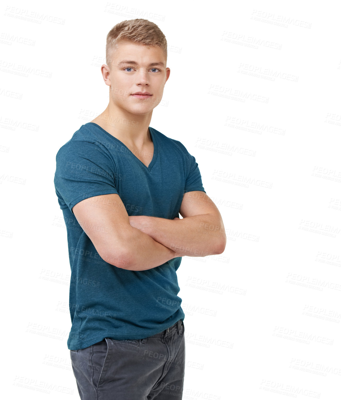 Buy stock photo Man, fashion and arms crossed with cool clothes, happy and isolated on white studio background. Portrait, confident and adolescent in denim jeans, youth and serious with face, boy and casual
