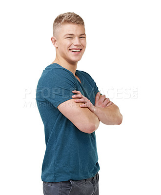 Buy stock photo A handsome young man crossing his arms and standing on a white background