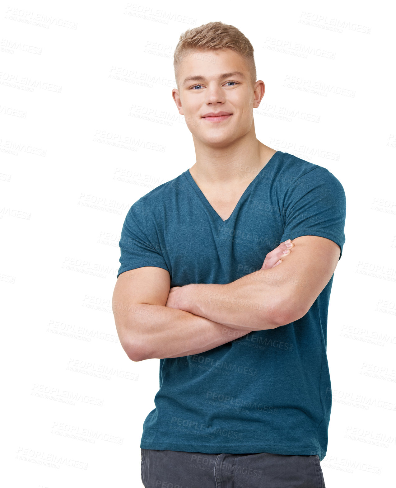Buy stock photo Arms crossed, portrait and fashion by man in studio with confidence, pose or positive attitude on white background. Face, smile and male model with cool, clothes or streetwear, style or good mood