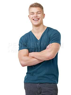 Buy stock photo Fashion, portrait and happy man with arms crossed in studio confident, laugh or positive attitude on white background. Face, smile and male model with cool, clothes or streetwear, style or good mood