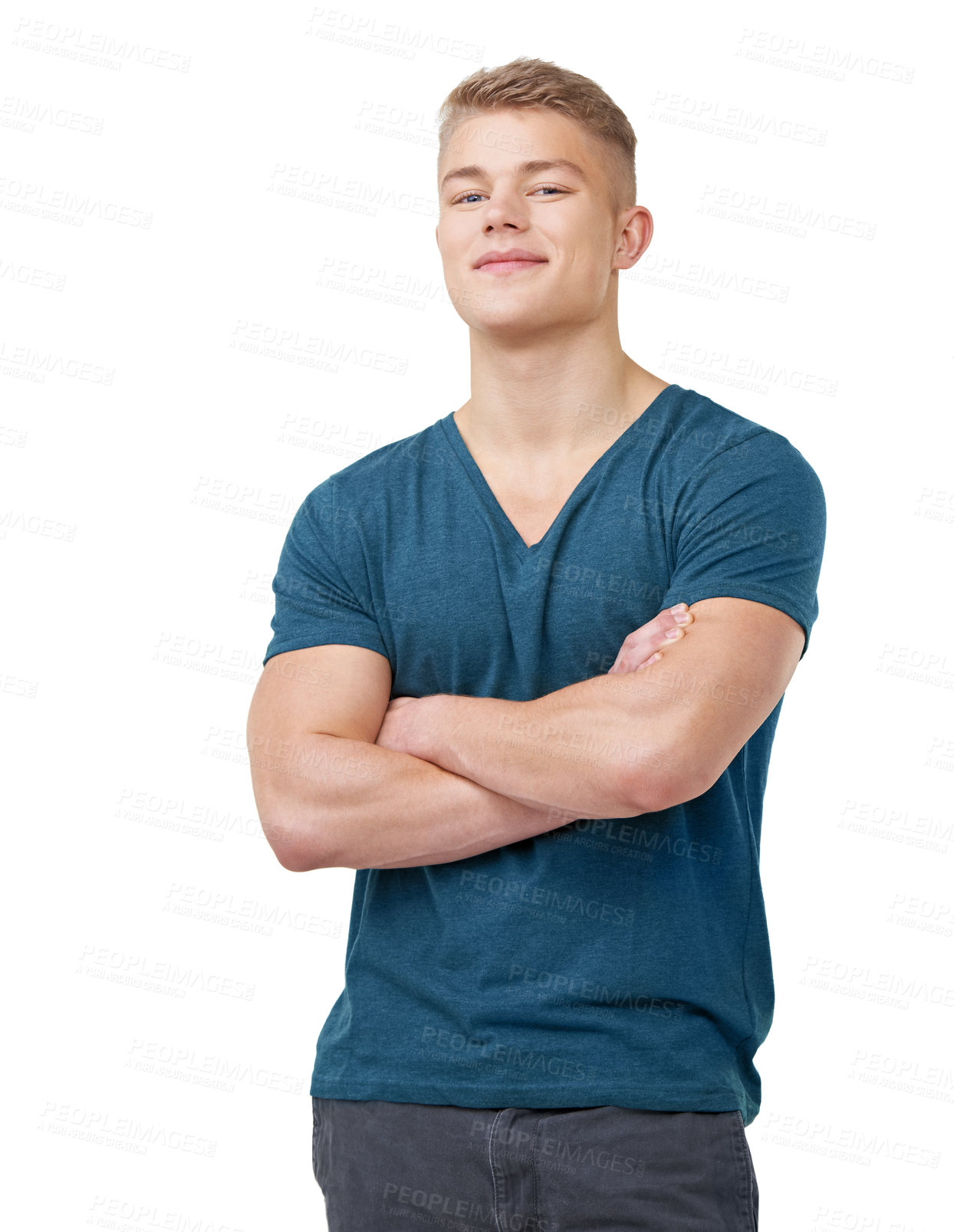 Buy stock photo A handsome young man crossing his arms on a white background