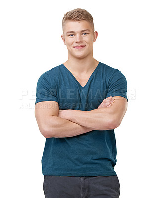 Buy stock photo Portrait, fashion and happy man with arms crossed in studio confident, pose or positive attitude on white background. Face, smile and male model with cool, clothes or streetwear, style or good mood