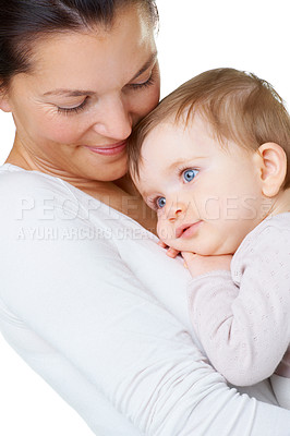 Buy stock photo Love, smile and mother with baby in a studio hug, care and embracing against a white background. Face, relax and parent with little boy hugging, happy and enjoy bond, relationship and motherhood