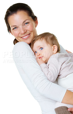 Buy stock photo Portrait, love and mother with baby in a studio hug, care and embracing against a white background. Face, smile and parent with little boy hugging, happy and enjoy bond, relationship and motherhood