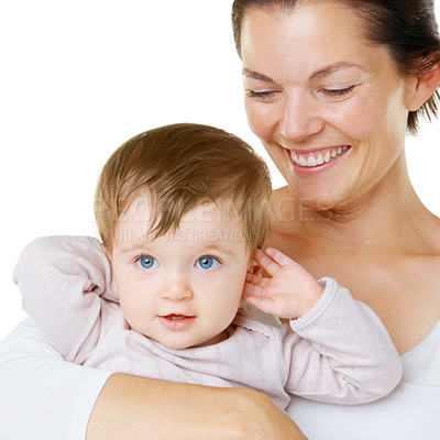 Buy stock photo Happy, love and mother with baby, hug and smile in studio, cheerful and enjoying motherhood against a white background. Face, children and parent with little boy, hugging and bonding while isolated