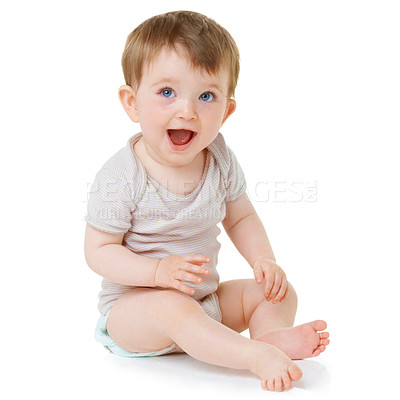 Buy stock photo An adorable baby sitting down and laughing isolated on white