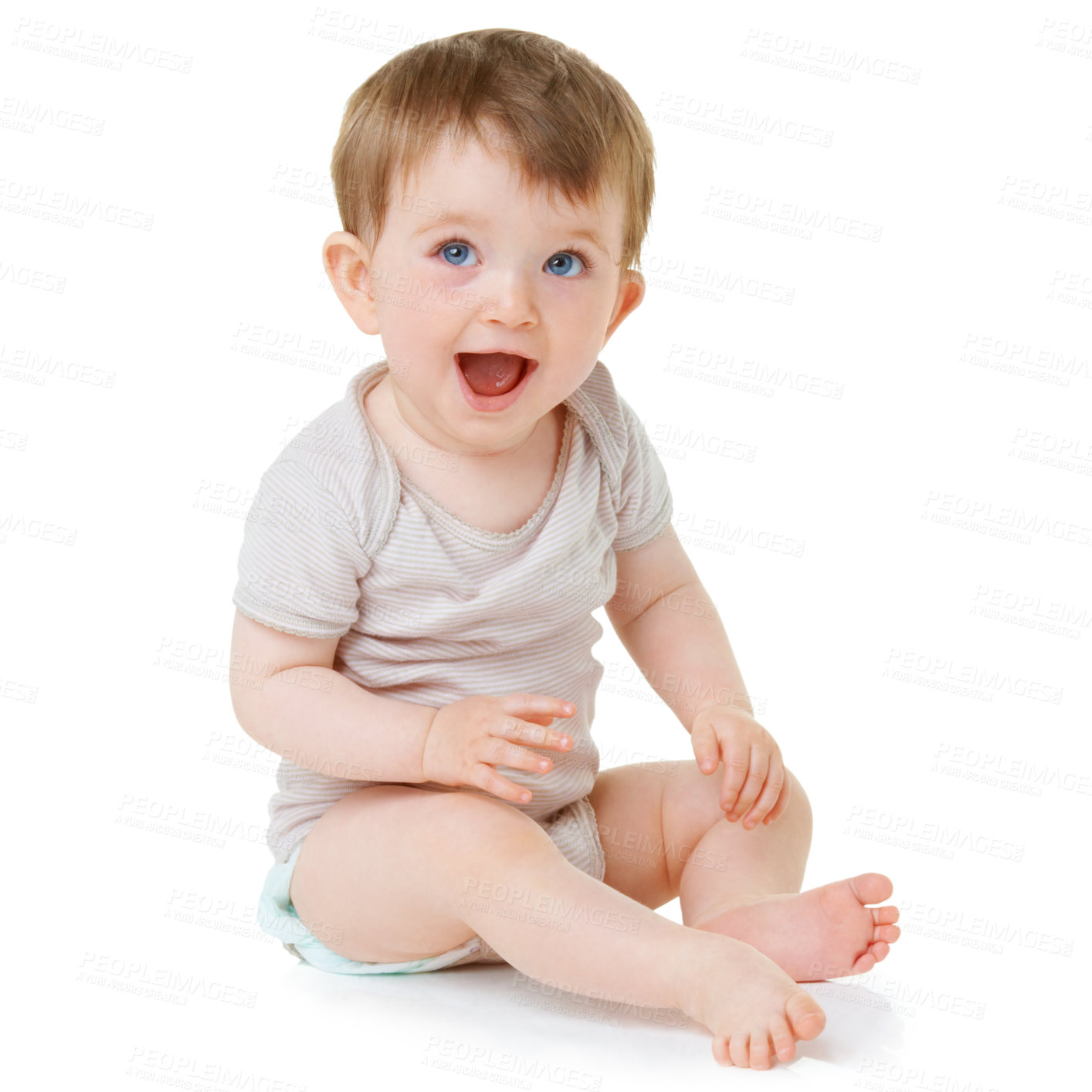 Buy stock photo An adorable baby sitting down and laughing isolated on white