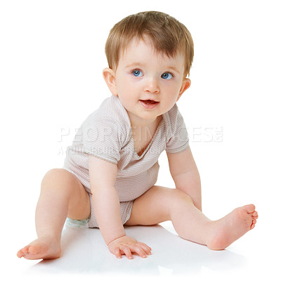 Buy stock photo Cute, youth and explore with baby on floor of studio for curious, child development and learning. Face, smile and young with infant crawling in white background for toddler, innocence and health