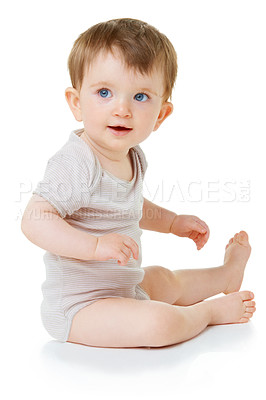 Buy stock photo Cute, youth and happy with baby on floor of studio for curious, child development and learning. Explore, smile and young with infant crawling in white background for toddler, innocence and health