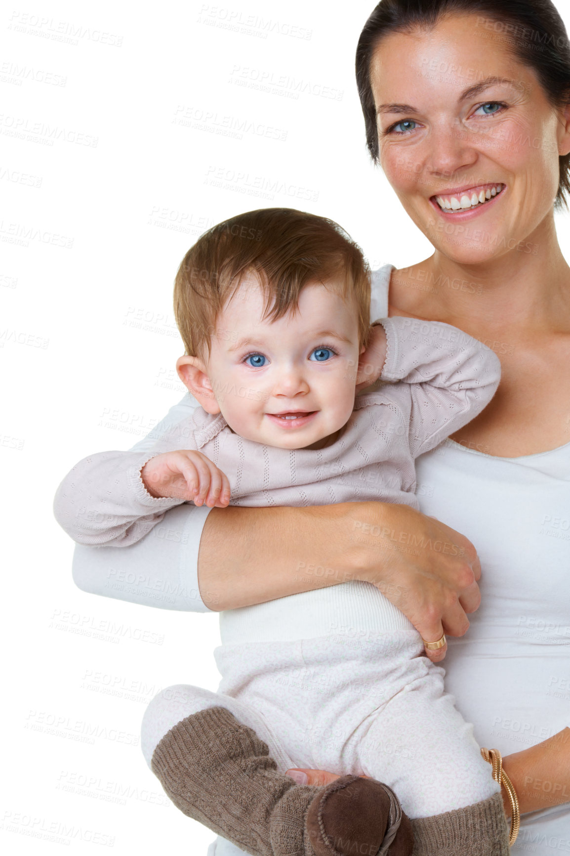 Buy stock photo Portrait, hug and mother with baby in studio with love, smile and care against white background. Happy, face and woman embracing boy child, play and enjoy bond, relationship and parenthood together