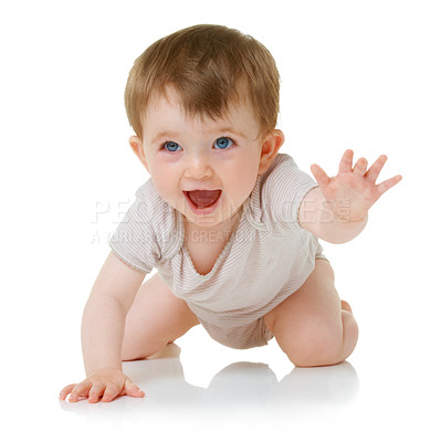 Buy stock photo Happiness, baby and crawling with a smile, joy and kid isolated on a white studio background. Human, model and toddler with child development, excited and cheerful with movement, joy and mockup space