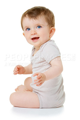 Buy stock photo Cute, youth and smile with baby on floor of studio for curious, child development and learning. Explore, happy and young with infant crawling in white background for toddler, innocence and health