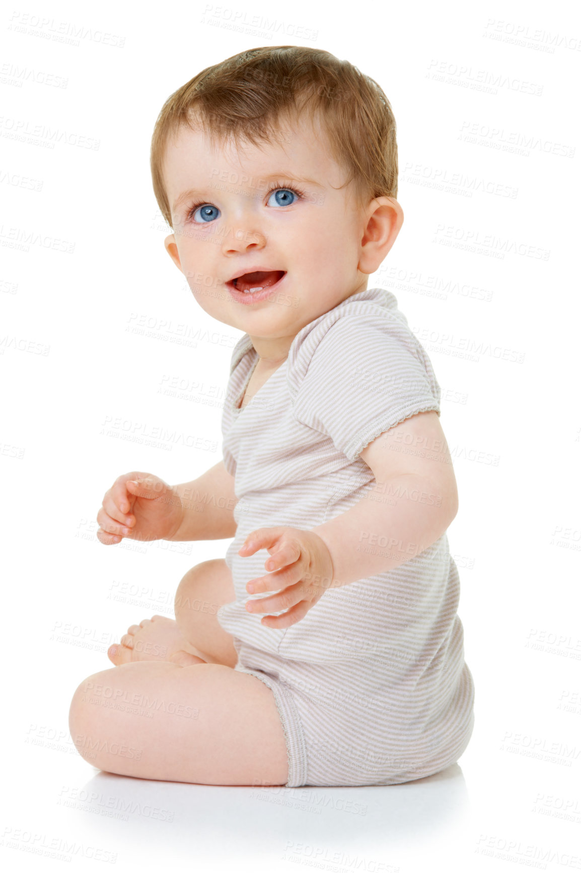 Buy stock photo Cute, youth and smile with baby on floor of studio for curious, child development and learning. Explore, happy and young with infant crawling in white background for toddler, innocence and health