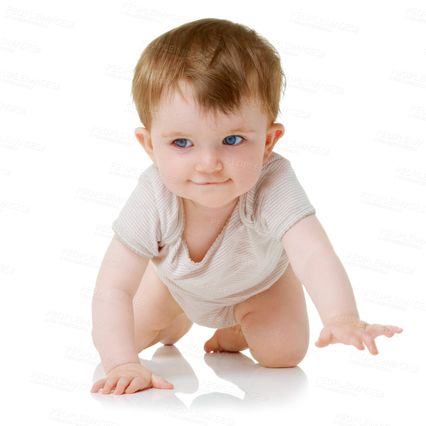 Buy stock photo Happiness, baby and crawling with a smile, movement and kid isolated on white studio background. Human, model and toddler with child development, excited and cheerful with joy, learn and mockup space